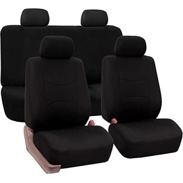 Imagem de Capas de assento de carro conjunto completo de assentos dianteiros e capa traseira de couro sintético banco impermeável, capas de assento automotivo para a maioria dos carros, preto 66 x 66