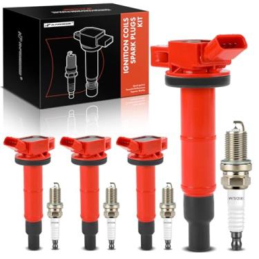 Imagem de A-Premium (Vermelho) Conjunto de 8 bobinas de ignição e velas de ignição irídio compatíveis com Toyota Camry, RAV4, Corolla, Highlander, Matrix, Solara & Scion tC, xB e Lexus HS250h e Pontiac Vibe,