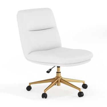 Imagem de Flash Furniture Chloe Commercial Cadeira de escritório estofada sem braços com rodas e altura ajustável, função giratória, conjunto com 1, moldura de couro branco macio/dourado