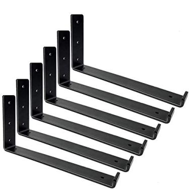 Imagem de Suporte de prateleira, suporte de prateleira de metal preto resistente, suporte de prateleira flutuante rústico, suporte decorativo de ferro em L com lábio, suportes J para parede, suporte de canto de anjo para prateleiras de madeira - pacote com 6, 6 Pcs 11.5"L x 6"H, Black