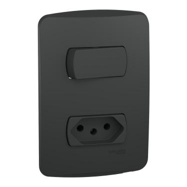 Imagem de Conjunto Placa 2x4 Horizontal C/ 1 Interruptor Simples + 1 Tomada 2P+T 10A 250V Grafite Miluz Cód. S3B69031 – Schneider