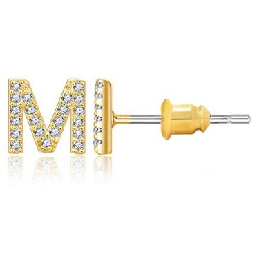 Imagem de Brincos com inicial folheados a ouro 14 K zircônia cúbica brincos de letras pequenas personalizados brincos de pino CZ pequeno para mulheres e meninas Dourado