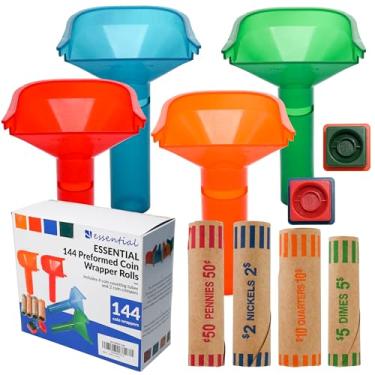 Imagem de ESSENTIAL 144 rolos sortidos pré-formados para embrulhar moedas com tubos de contador de moedas codificados por cores e ferramenta de crimpagem para envolver moedas