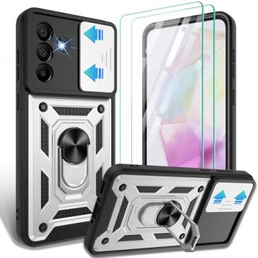 Imagem de Capa para Samsung Galaxy A56 com capa deslizante para câmera e [2 protetores de tela HD], suporte de anel de rotação de 360° [grau militar], prata