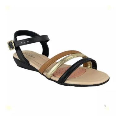Imagem de Sandália Modare Napa Stretch Confort Anabela Casual Feminina Preto Dourado