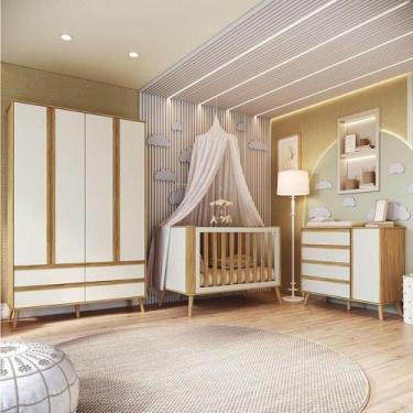 Imagem de Quarto de Bebê Completo Guarda Roupa 4 Portas Cômoda e Berço Minicama 
