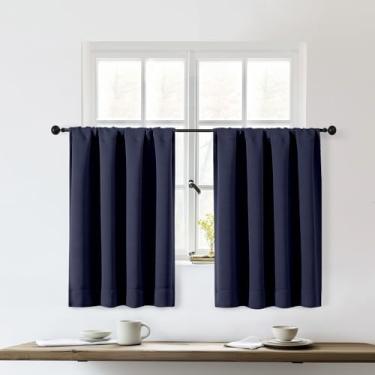 Imagem de OWENIE Sally Conjunto de cortinas de cozinha azul marinho 91 cm de comprimento com 2 painéis, meio pequeno bolso para varão para privacidade, cortinas de escurecimento para cortinas de banheiro, 2