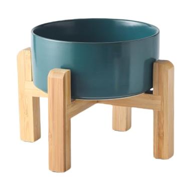 Imagem de Welloyed Tigela elevada de cerâmica para cães de 15 cm – Tigela de comida e água para cães de 850 g com suporte de bambu antiderrapante elevado, seguro para lava-louças e micro-ondas, tigela