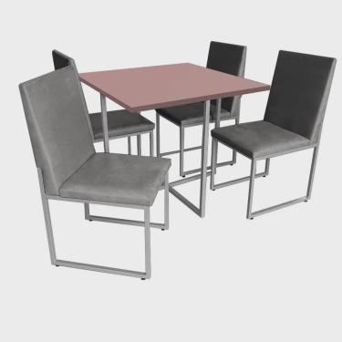 Imagem de Kit Mesa de Jantar Thales com 4 Cadeiras Sttan Ferro Prata Tampo Rose Rosa Corino Cinza - Ahz Móveis