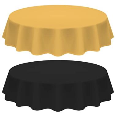 Imagem de Amylove Toalha de mesa de plástico descartável redonda preta e dourada de 213 cm à prova d'água redonda toalha de mesa preta dourada para festas de formatura, piquenique, aniversário, casamento, banquete, uso interno e externo