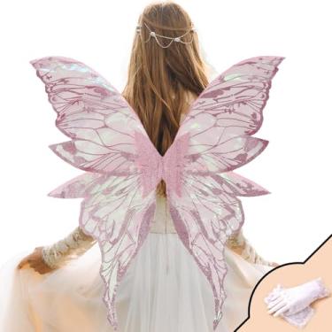 Imagem de YKW Fairy Wings for Adult Women,30x29 Inch Butterfly Cosplay Wings with Lace Gloves,Organza Costume Wings for Halloween Party (Pink)