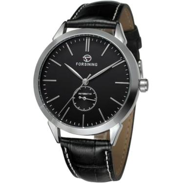 Imagem de Relógio masculino minimalista com mostrador branco automático, aço inoxidável com pulseira de couro, relógio mecânico (prata preto), Prata, preto