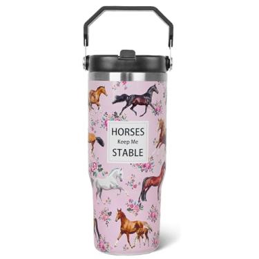 Imagem de Copo de 890 ml com alça flip canudo à prova de vazamento Caneca de café isolada de 850 g com alça 890 g copo de cavalo floral rosa com alça e cavalo de palha dobrável presentes para meninas e mulheres amantes de cavalos