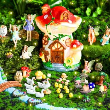Imagem de Suzile Kit de 50 peças de jardim de casa de fadas solar que ilumina miniatura de casa de fadas, kit de estatuetas de resina, animais boneca, conjunto de presépio de fada, micro ornamento de paisagem