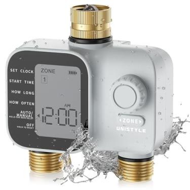 Imagem de [Atualização 2026] Temporizador de irrigação de 2 zonas com entradas e saídas de latão, temporizador de água programável Unistyle para mangueira de jardim, temporizadores de mangueira IP55 à prova