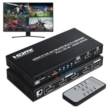 Imagem de 4 portas HDMl KVM Multiviewer 4K@30Hz, 4x1 Quad Multi Viewer Switcher sem costura 4 em 1 suporte 4K 1080P 720P, 6 modos de visualização com interruptor de teclado e controle remoto IR