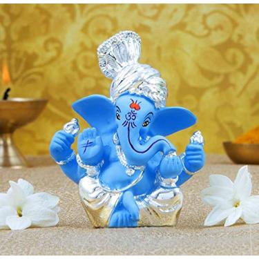 Imagem de Gold Art India Ídolo Ganesh de cerâmica azul prateado para painel de carro pequeno Ganesha Murti Ganpati Idol para decoração de casa Puja Lord Ganesh estátua presente para escritório mesa estatueta de