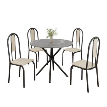 Imagem de Conjunto Sala De Jantar Mesa Redonda 70cm Tampo Granito Topázio 4 Cadeiras Linda Yescasa Creme-preto Fosco