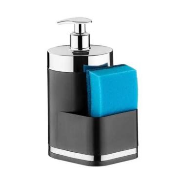 Imagem de Dispenser Para Detergente Líquido Em Plástico Com Porta Esponja Eleganza 500Ml Preto E Cromado