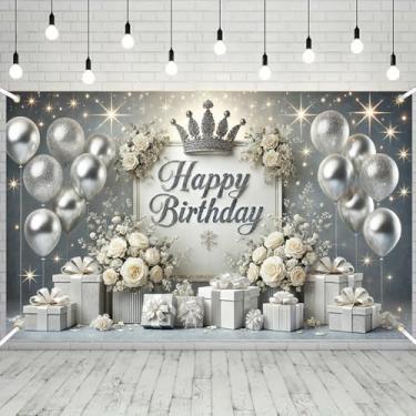 Imagem de Fundo de feliz aniversário prateado e branco 189 x 109 cm faixa de coroa de glitter com balões rosas e elementos de caixa de presente para mulheres, meninas, adultos e decoração de festas marcantes