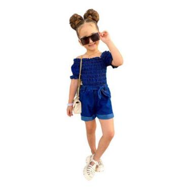 Imagem de Macaquinho Jeans Elástico Moda Infantil + Cinto Verão Menina - Mimos d