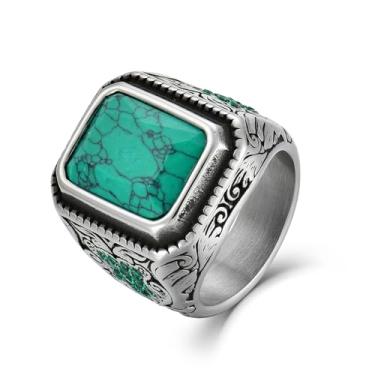 Imagem de Wisbal Anel Viking Turquesa Masculino - Anel de Sinete de Aço Inoxidável - Joias Vintage Motociclista, Tamanho 7-13, Aço inoxidável, Turquesa