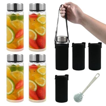Imagem de Rackickyer Garrafas de água de vidro borossilicato pacote com 4 garrafas de água de 473 ml, de vidro de boca larga com tampas e manga, para sucos, vitaminas, leite, proteína, reutilizável, à prova de