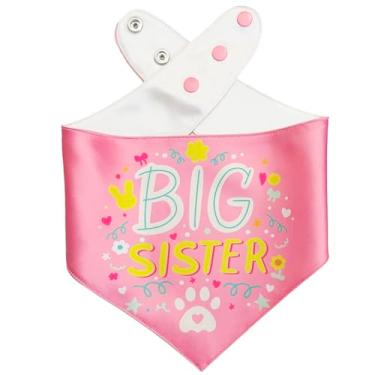 Imagem de Bandana Big Sister Dog com botão de pressão - Cachecol de cetim rosa sedoso para animais de estimação, acessórios de anúncio de bebê para cães, adereço de foto revelação de gênero, presente elegante