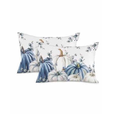 Imagem de Capas de almofada de outono 50 x 30 cm conjunto de 2 folhas de eucalipto azuis fronhas decorativas outono branco abóbora Ação de Graças fronhas para sofá cama capas de almofada lombar