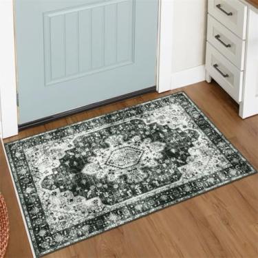 Imagem de ESSMOKO Tapetes tapete turco persa para casa, sala de estar, quarto, mesinha de cabeceira, lavável à máquina, tapete de vários tamanhos, luxuoso em branco e preto, 40 x 60 cm