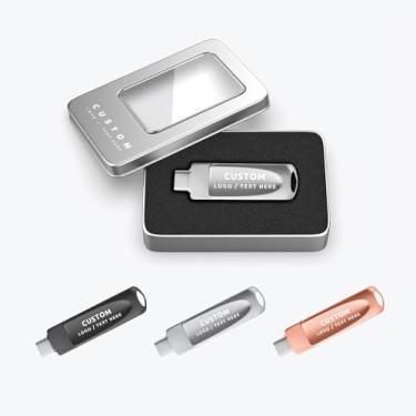 Imagem de Pen drive USB OTG giratório personalizado, pacote com 100 unidades de metal 4 em 1 versátil pen drive USB 3.0, ideal para brindes promocionais corporativos e brindes de negócios (64 GB, com caixa de