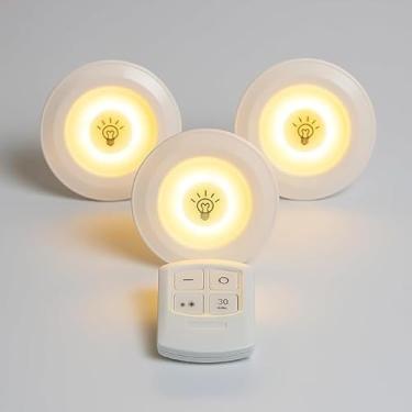 Imagem de Luminária LED a Pilha Sem Fio | Kit 3 Spots com Controle Remoto p/Armário, Closet, Cozinha | Luz Econômica Autoadesiva Ambiente Aconchegante