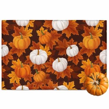 Imagem de Decoração de outono, tapete de porta frontal branco laranja amarelo abóbora entrada interna, outono folha de bordo capacho antiderrapante tapete absorvente rústico de ação de graças tapetes laváveis