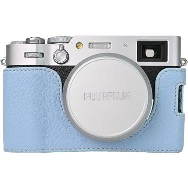 Imagem de Capa X100VI, capa BMAOLLONGB feita à mão de couro liquei, meia câmera, versão com abertura inferior para Fujifilm X100VI com alça de mão (azul claro)