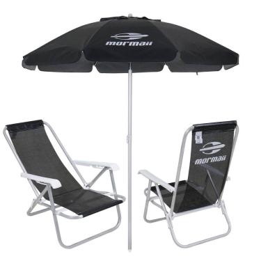 Imagem de Kit 2 Cadeiras Reclinável Alumínio + Guarda Sol Bagum 2m Preto Mormaii - Belfix
