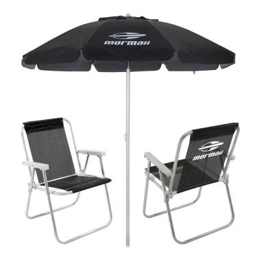 Imagem de Kit 2 Cadeiras Alta Alumínio + Guarda Sol Bagum 2m Preto Mormaii - Belfix