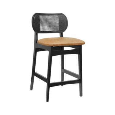 Imagem de Banqueta Organik Encosto Anatômico com Telinha Rattan - Preto - Assento Estofado Corano Marrom Mescla