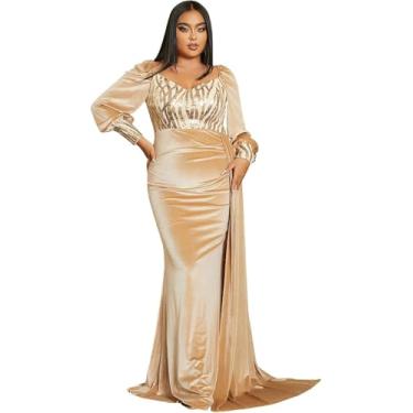 Imagem de Vestido De Noite Feminino Plus Size Veludo Envoltório Maxi Vestidos Mangas Compridas Elegante Festa Convidado Do Casamento Vestidos De Cocktail, Gold, XL(60-67.5KG)