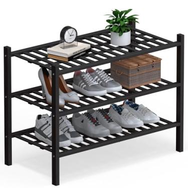 Imagem de Haddockway Grande organizador de armazenamento de sapatos de bambu de 3 níveis, prateleira empilhável multifuncional com painel de grade para armário, corredor, entrada, espaço pequeno 68,5 x 30,5 x