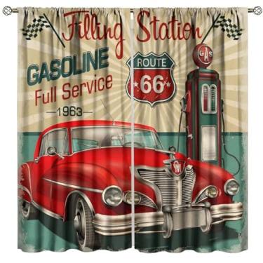 Imagem de Nsbul Cortinas de carro vintage carro clássico retrô estação de garagem rota 66 cortinas de janela impressas para quarto sala de estar cozinha, 107 cm L x 114 cm C (sem apagão)