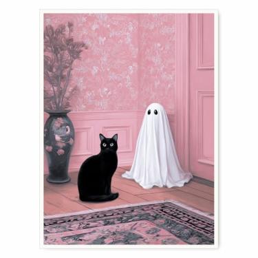 Imagem de Arte de parede de fantasma fofo e gato preto – Decoração de Halloween rosa com espírito caprichoso em sala floral, impressão em tela assustadora para quarto feminino ou sala de estar 30 x 40 cm sem