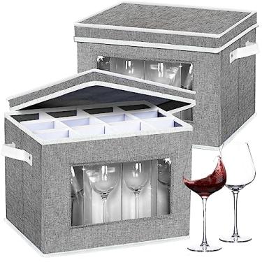 Imagem de homyfort Pacote com 2 estojos de armazenamento de taças, caixa de armazenamento de taças de vinho com divisórias, organizador de recipientes de vidro de cristal da China para 24 unidades de vidro para movimentação e proteção (cinza)