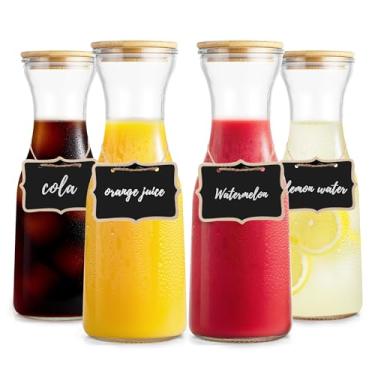 Imagem de Tinaforld - Conjunto de 4 Jarras de Vidro Transparente com Tampa de Bambu, 1000 ml, Suprimentos para Bar Mimosa, Jarra de Vidro com Etiquetas de Nome para Chá Gelado, Café, Suco