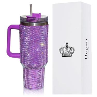 Imagem de Buyso Copo brilhante de 1,134 g com alça copo de strass com tampa e canudo para suporte de copo de carro isolado de aço inoxidável parede dupla copo de água caneca de viagem Tumblr para mulheres