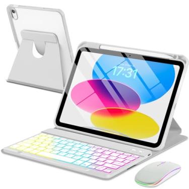 Imagem de EAMPANG Capa com teclado e mouse para iPad A16 11ª geração 11/27.7 cm, capa magnética rotativa com teclado removível retroiluminado arco-íris com suporte de lápis para iPad 11 2025 10 geração 2022