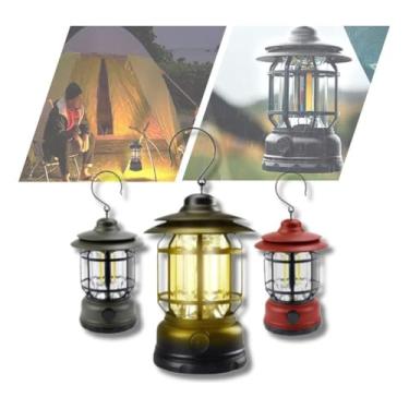 Imagem de Lampada Lampião Retro Led Luminaria para Camping Recarregavel Solar Usb Luz de Emergencia (Preto)
