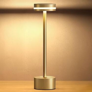Imagem de OFiSEXPT Lâmpada de cabeceira portátil recarregável, luminária de mesa regulável ao toque, luminária de mesa sem fio, ideal para casa, quarto, hotel, restaurante, bar, ao ar livre, 1 pacote (ouro)