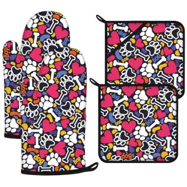 Imagem de Conjuntos de luvas de forno e suportes de panela com estampa de patas, 4 peças, luvas de forno extralongas para cozinha, cozinhar, assar, churrasco, 100% algodão, resistente ao calor