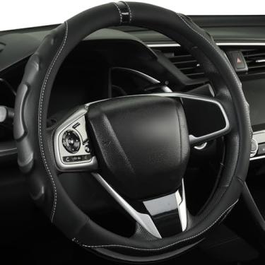 Imagem de Capas de volante de couro, massagem de fibra de carbono antiderrapante, serve para a maioria dos carros Sedan SUV Vans (preto, tamanho padrão [37-38 cm])