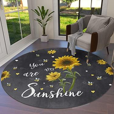 Imagem de Tapete redondo de 0,9 m, girassol, amarelo, abelhas, tapetes laváveis para área interna, tapete à prova de manchas, tapetes antiderrapantes para sala de estar, jantar, cozinha, quarto, berçário